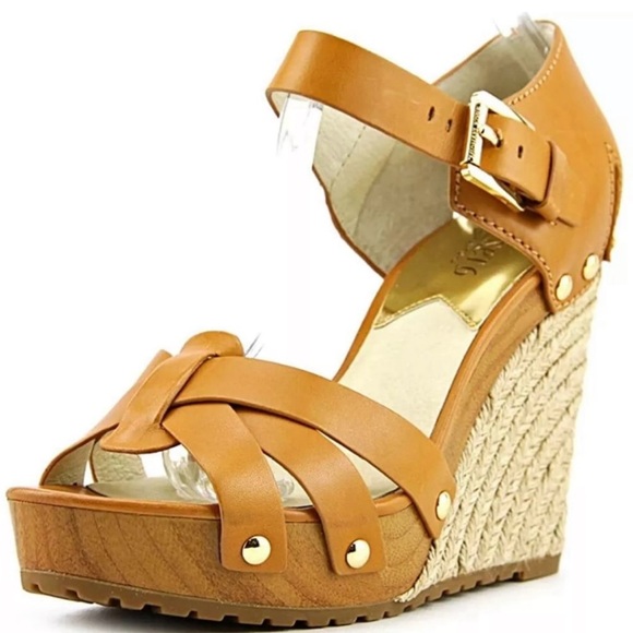 Michael Kors Tan Jet Set Leather Wedge Sandals - Picture 5 of 8